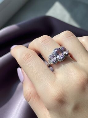 Sterling Silver Triple Amethyst Halo Ring - Purple size 7
